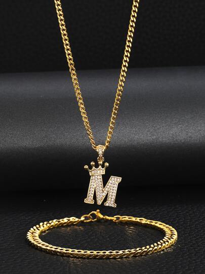 Set Stainless Steel Crown Initial Alphabet  Chain Necklace Bracelet Set Men Women Daily Jewelry For Friendship & Birthday Gift