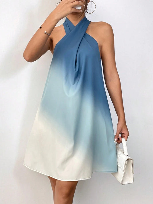 Firerie Spring Break Halter Neck Blue Gradient Dress,Pastel Dresses For Women