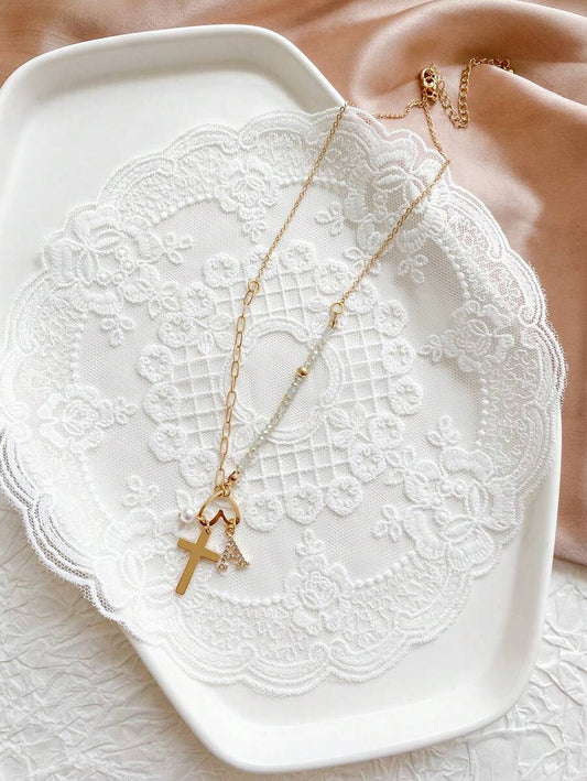 ✨ Minimalist Heart & Beaded Pendant Necklace – Fashion Metal, Pearl, Cross & Letter Charm Chain