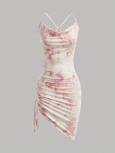 Firerie Women's Elegant Resort Mini Bodycon Summer Short Dress With Draped Neckline