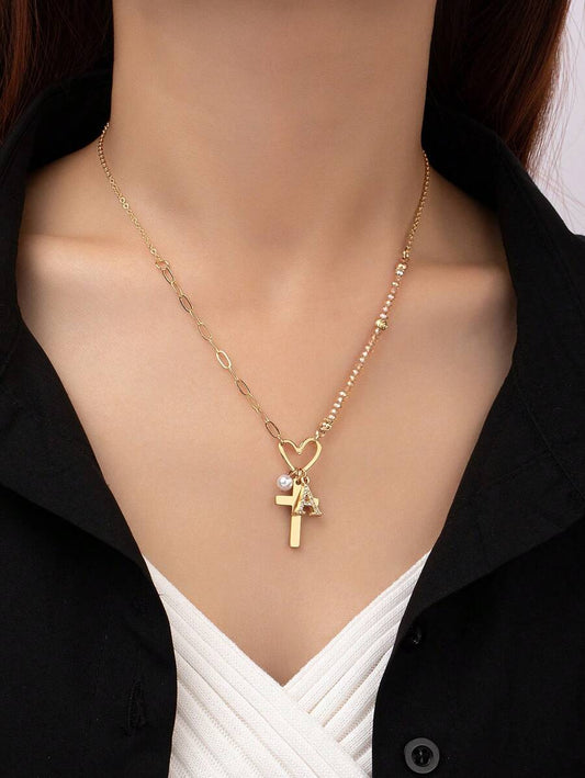 ✨ Minimalist Heart & Beaded Pendant Necklace – Fashion Metal, Pearl, Cross & Letter Charm Chain