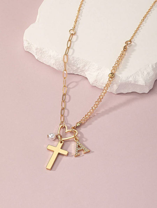 ✨ Minimalist Heart & Beaded Pendant Necklace – Fashion Metal, Pearl, Cross & Letter Charm Chain