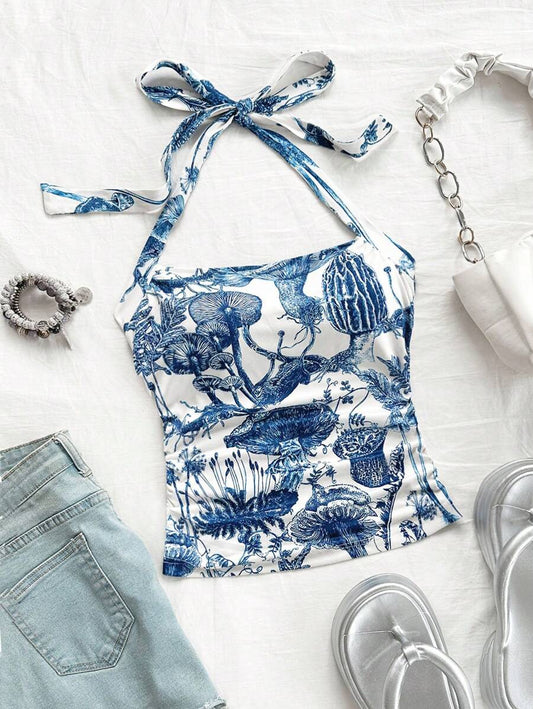 Firerie Vacation Style Women's Printed Side-Pleated Sleeveless Top – White Woven Neckline, Lightweight Summer Casual Top