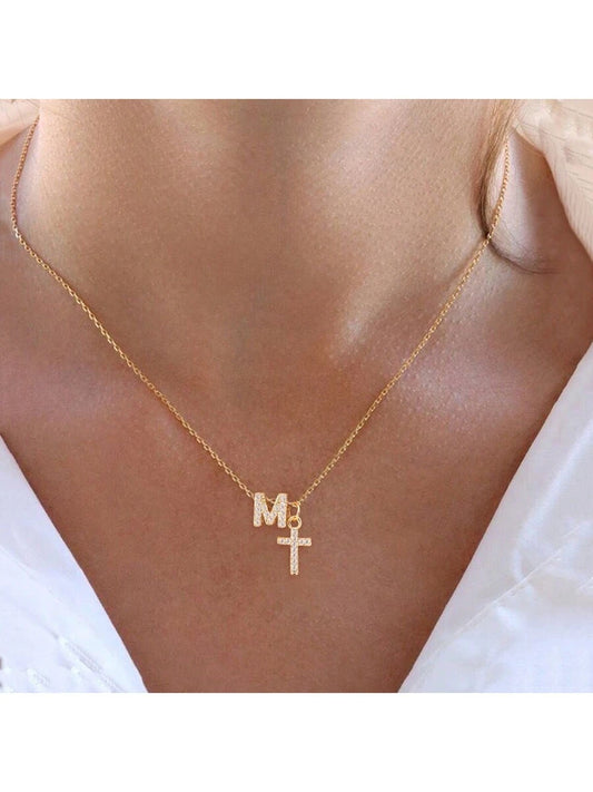 ✨ Simple Pave Cubic Zirconia Cross Initial Pendant Necklace – Gold Stainless Steel Chain