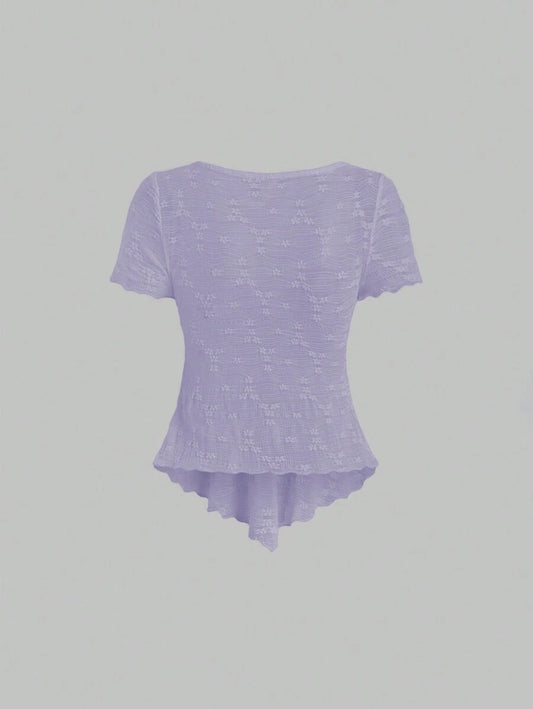 Firerie Women's Summer Solid Color Sweetheart Neck Front Tie Sheer Short Sleeve T-Shirt