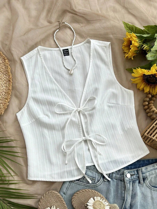 Firerie Women's Vacation White Woven Camisole – Open Front Tie Knot Casual Top, Versatile Layering Tank