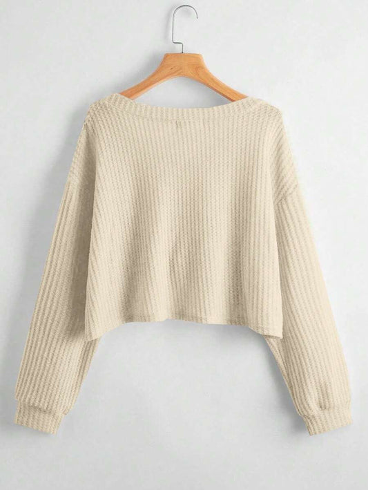 Flirla Women's Solid V-Neck Long Sleeve T-Shirt – Dropped Shoulder, Casual Loose Top for Autumn & Winter