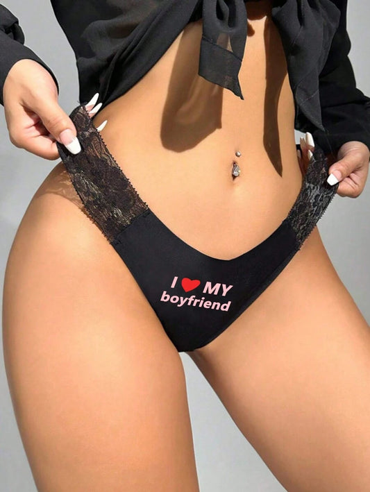 ✨ Women’s Seamless Low Waist Lace Panties – Heart Print “I Love My Boyfriend” Pattern Underwear