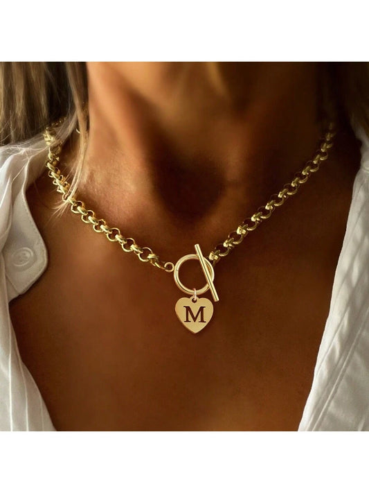 Simple Gold Round Hollow Initial Pendant Necklace – Stainless Steel Chain with Toggle Clasp