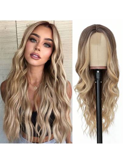 Long Ombre Blonde Wavy Wig For Women 26 Inch Middle Part Curly Wavy Wig Natural