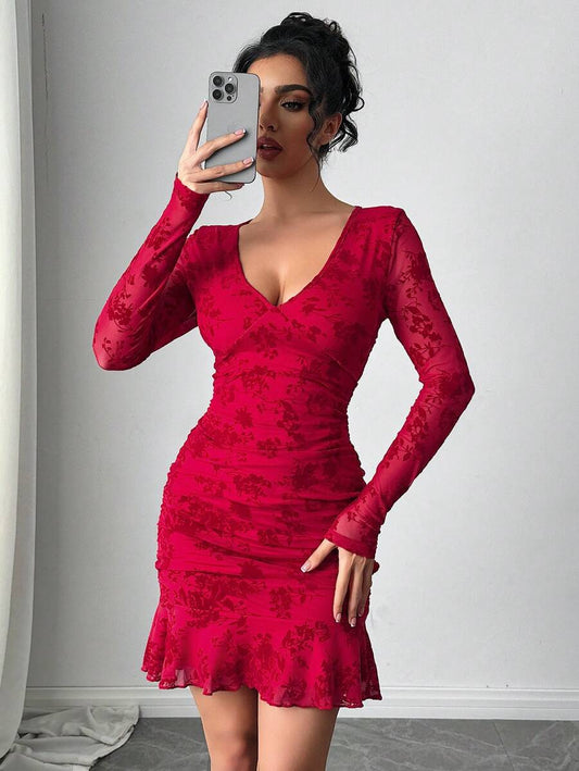 Firerie Women Elegant Flocking Mesh Deep V-Neck Mini Dress With Ruffle Hem, Suitable