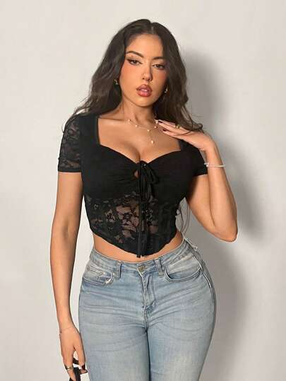 Firerie Women Elegant New Sexy Cropped Lace Fitted T-Shirt Cute Top Elegant