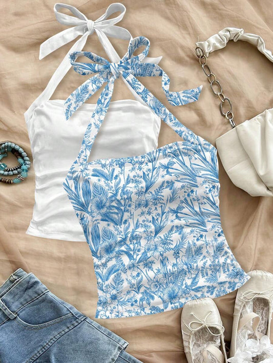 Firerie 2pcs Neck-Tied Floral Print Drawstring Ruched Backless Tank Tops For Women, Summer Suitable For Going Out