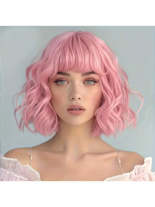 Pink & Blue Curly Wig for Women - With Bangs & Rose Net Cap