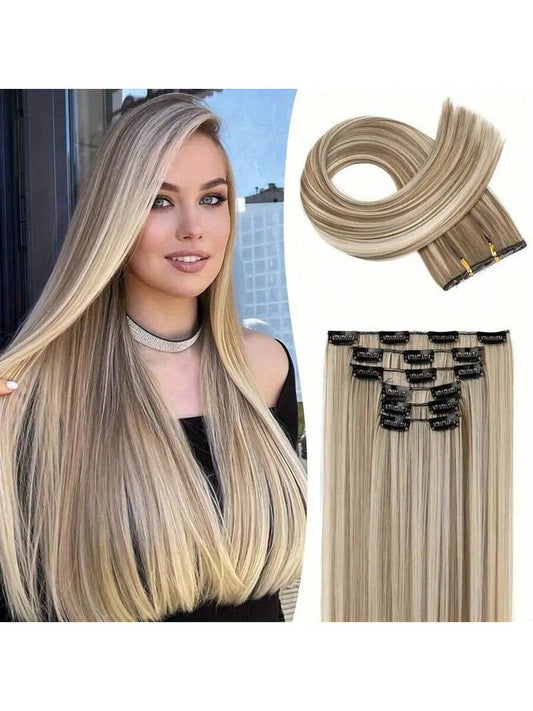 24-Inch  European And American Women's Six-Piece Set Of Long Straight Hair Pieces To Increase Hair Volume Natural Invisible Wig Extensions
