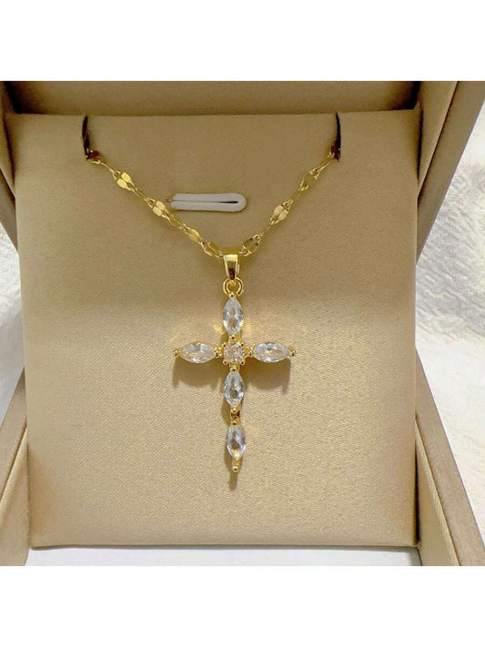✨ 3-Color Cubic Zirconia Cross Pendant Necklace – Gold & Copper Stainless Steel Chain Jewelry