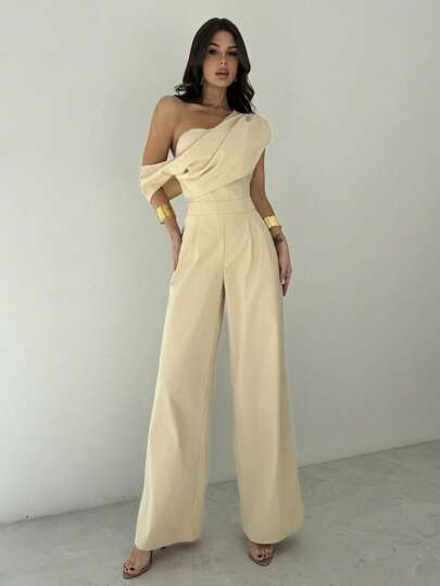 Firerie Women Modest Apricot Jumpsuit, Elegant Work-To-Vacation Asymmetric Neckline Ruched Bustier Wide-Leg Romper, Comfortable Sleeveless Unbalanced Neck Jumpsuit, Suitable