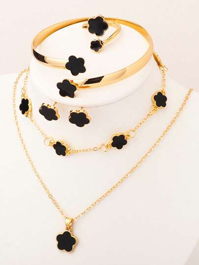 6Pcs Minimalist Floral Design Jewelry Set Including Necklace, Bracelet, Earrings, Ring, Elegant