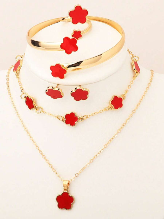6Pcs Minimalist Floral Design Jewelry Set Including Necklace, Bracelet, Earrings, Ring, Elegant