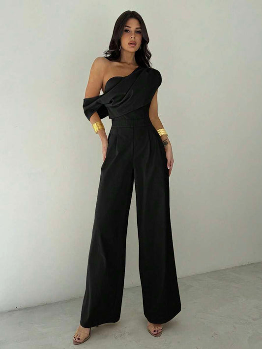Firerie Women Modest Apricot Jumpsuit, Elegant Work-To-Vacation Asymmetric Neckline Ruched Bustier Wide-Leg Romper, Comfortable Sleeveless Unbalanced Neck Jumpsuit, Suitable