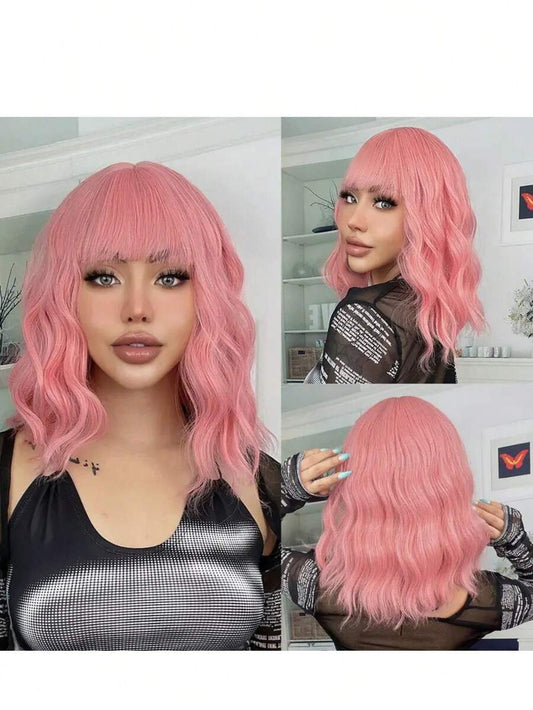 ✨ 12" Short Rose Pink Curly Wig with Bangs – Matte Heat-Resistant Synthetic Hair