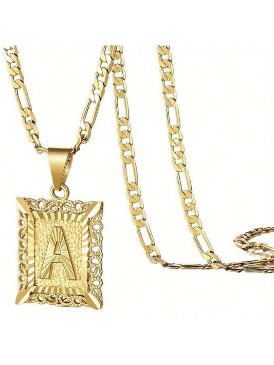 Golden Initial Pendant Necklace A–Z | Unisex Square Letter Necklace with Figaro Chain | Personalized Jewelry Gift