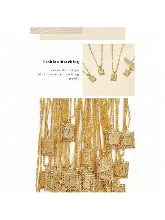 Golden Initial Pendant Necklace A–Z | Unisex Square Letter Necklace with Figaro Chain | Personalized Jewelry Gift