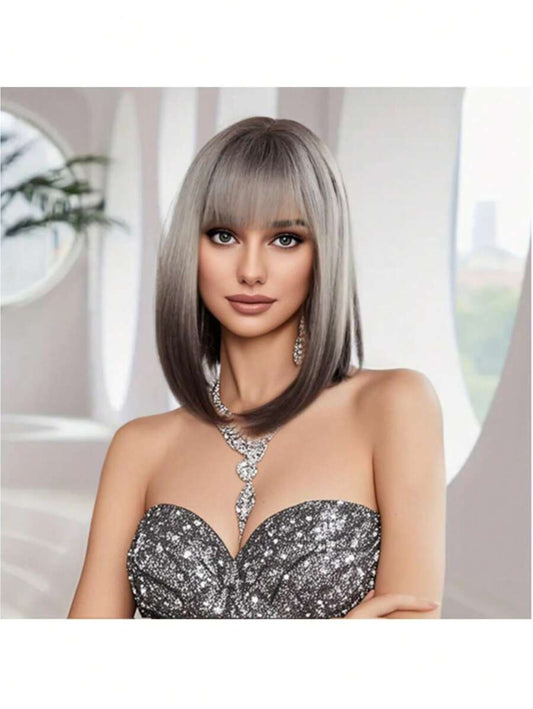 ✨ Short Gray Ombre Bob Wig with Bangs – Natural Looking Straight Synthetic Hair Wig