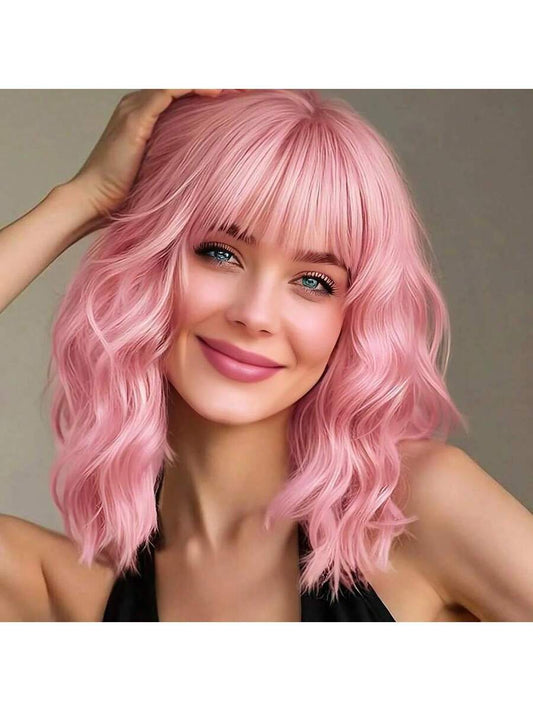✨ 12" Short Rose Pink Curly Wig with Bangs – Matte Heat-Resistant Synthetic Hair