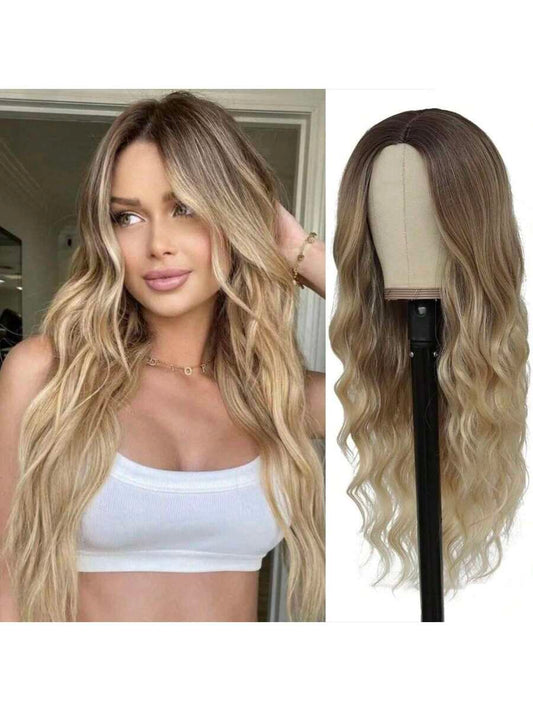 ✨ 22-Inch Long Body Wave Ombre Wig – Brown to Blonde Synthetic Heat-Resistant Hair