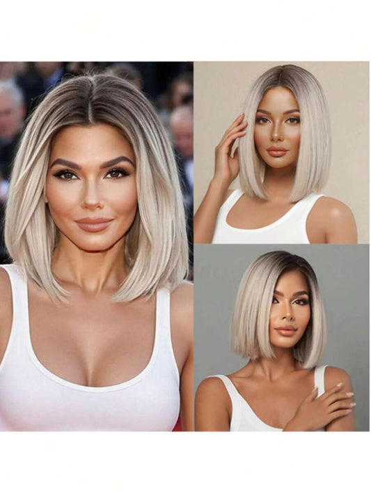 ✨ Short Ombre Brown Blonde Bob Wig with Bangs – Natural Looking Synthetic Hair