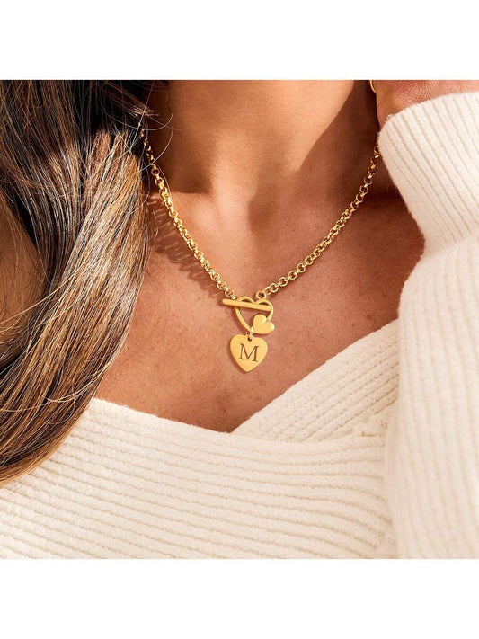 Fashion Stainless Steel Heart Initial Pendant Necklace – Toggle Clasp Chain