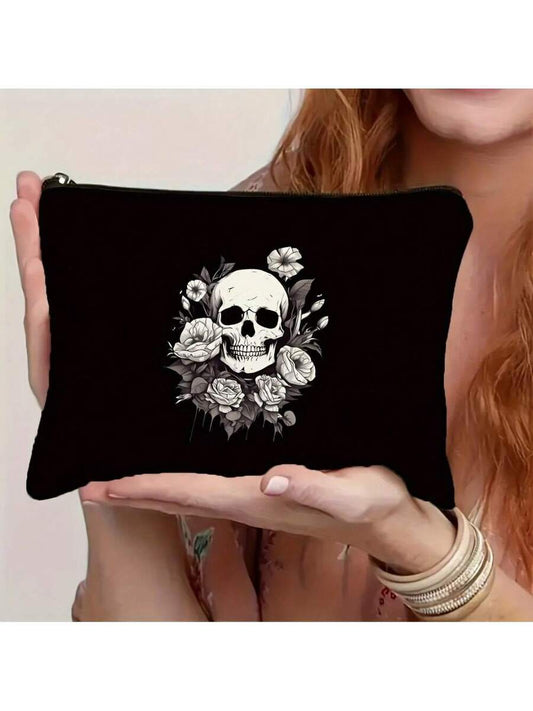 Gothic Skull & Floral Makeup Bag - Black With White Design