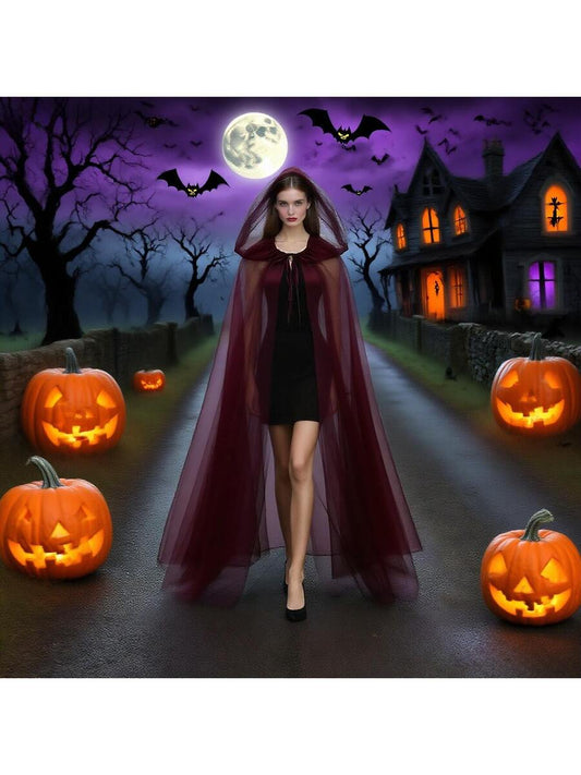 Burgundy Long Witch Costume & Elegant Bridal Cape – Halloween Hooded Mesh Cloak