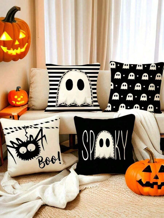 4pcs/1pc Halloween Party Decoration Pillow Covers – Ghost & Spider Web Design, 18×18 Inch