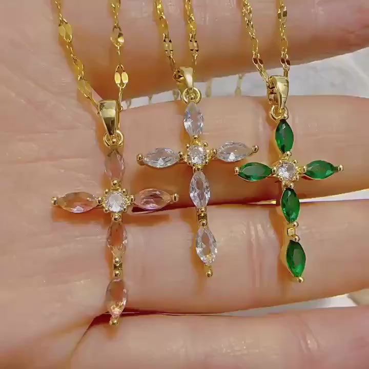 ✨ 3-Color Cubic Zirconia Cross Pendant Necklace – Gold & Copper Stainless Steel Chain Jewelry