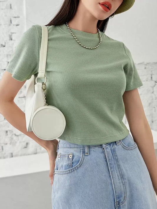 Solid Rib-Knit Crop Tee | Women's Preppy Casual Fitted Short Sleeve Round Neck Summer Essential Top