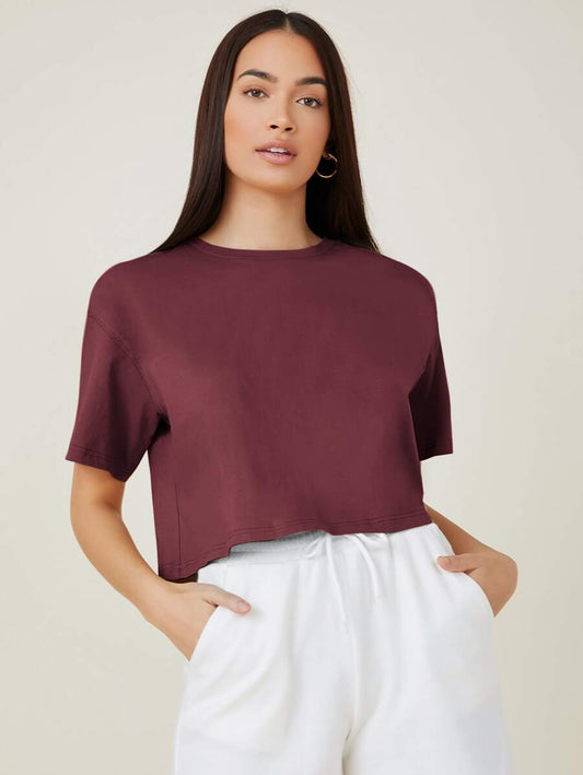 Solid White Drop Shoulder Cropped T-Shirt | Women's Casual Round Neck Short Sleeve Comfortable Loose Summer Essential Top