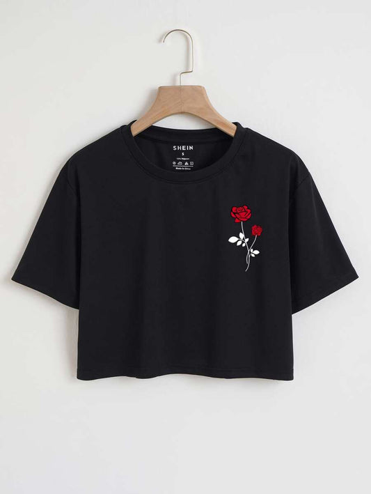 Floral Print Crop Tee | Women's Casual Graphic Round Neck Short Sleeve Botanical Summer Daily Top