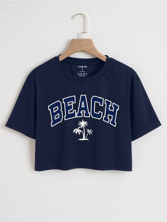 Tropical & Letter Graphic Crop Tee | Women's Casual Round Neck Short Sleeve Beach Summer Vacation Daily Top
