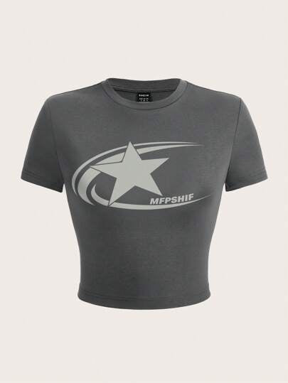 Star Print Fitted T-Shirt | Women's Round Neck Short Sleeve Casual Comfortable Summer Daily Top