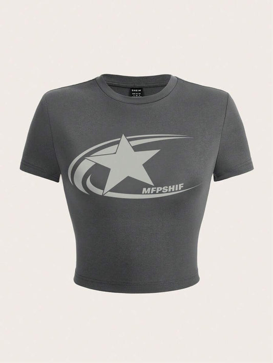 Star Print Fitted T-Shirt | Women's Round Neck Short Sleeve Casual Comfortable Summer Daily Top