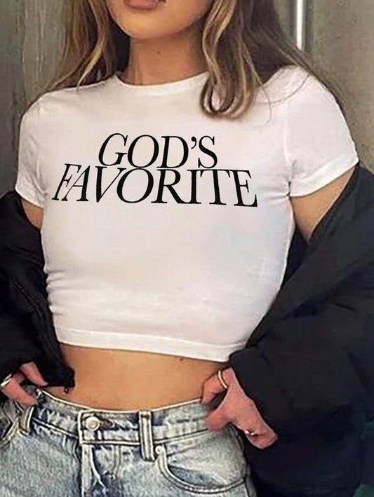 God's Favorite Letter Print Slim Fit Cropped T-Shirt | Women's Casual Faith Summer Crop Top