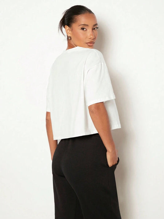 Solid White Drop Shoulder Cropped T-Shirt | Women's Casual Round Neck Short Sleeve Comfortable Loose Summer Essential Top