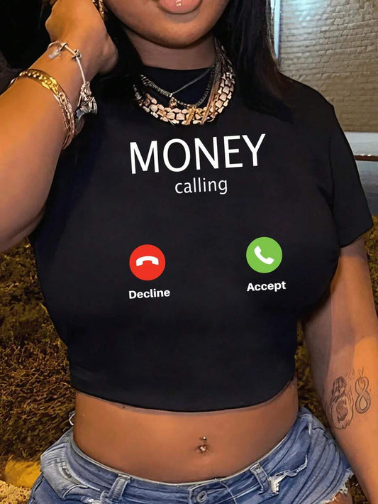 Money Print Graphic Cropped Tight Fit T-Shirt | Minimalist Women's Casual Crew Neck Short Sleeve Cotton Summer Pullover Top