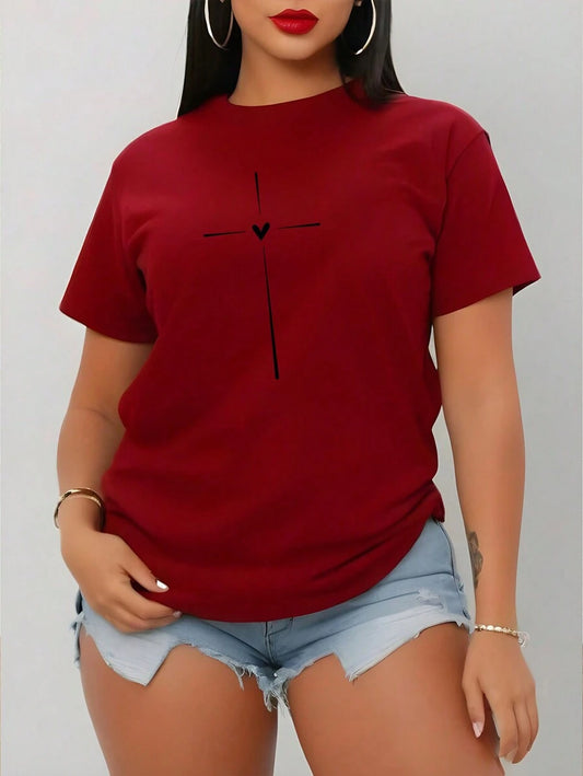 Cross Pattern Slim Fit T-Shirt | Women's Casual Short Sleeve Round Neck Faith New Year Casual Summer Top