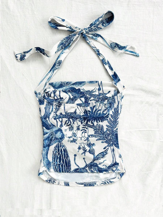 Firerie Vacation Style Women's Printed Side-Pleated Sleeveless Top – White Woven Neckline, Lightweight Summer Casual Top