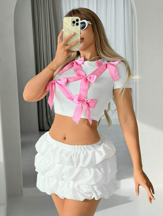 Solid Color Bow Decoration Y2K T-Shirt | Cute Short Sleeve Women's Casual Summer Sweet Fashion Top