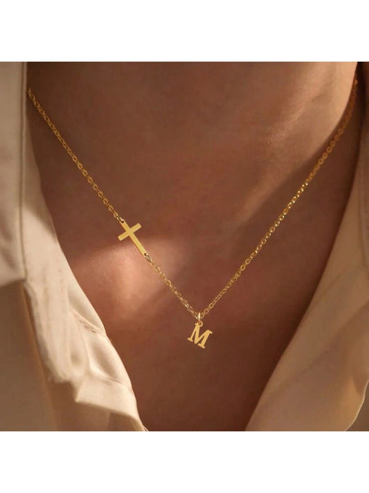 ✨ Simple Gold Cross Initial Pendant Necklace – Stainless Steel Chain Jewelry