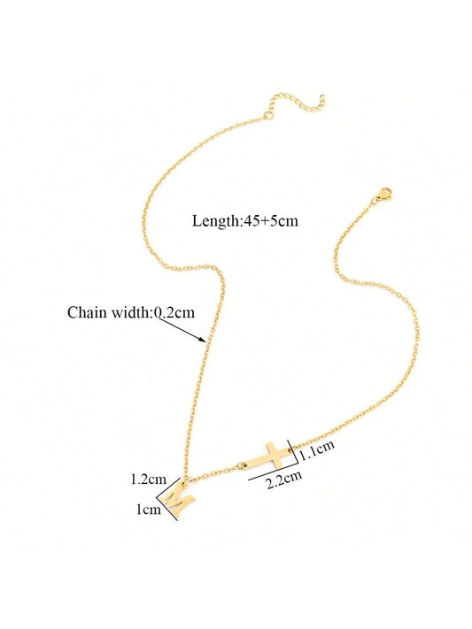 ✨ Simple Gold Cross Initial Pendant Necklace – Stainless Steel Chain Jewelry